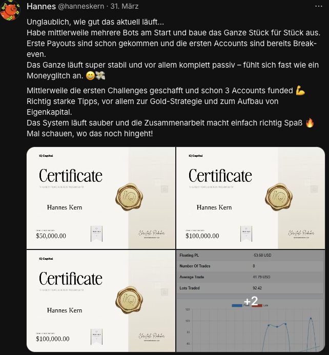 Whop-Bewertung von Hannes: 3 funded Accounts mit IQ Capital, läuft komplett passiv