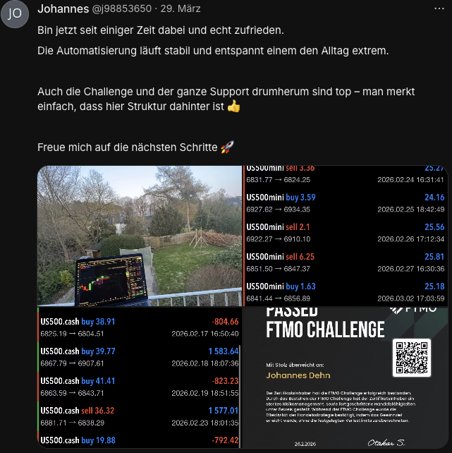 Whop-Bewertung von Johannes: FTMO Challenge Passed, Automatisierung läuft stabil